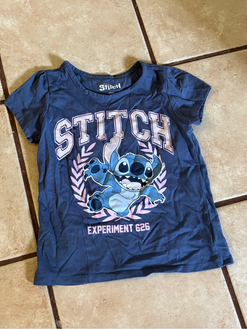 Disney Navy Blue Stitch Graphic Tee with Pink Accents